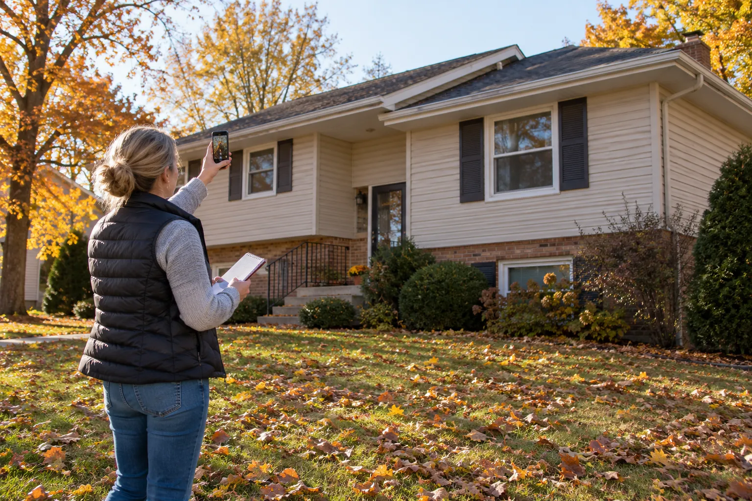 A homeowner photographing roof shingles from the yard in the Hampstead area