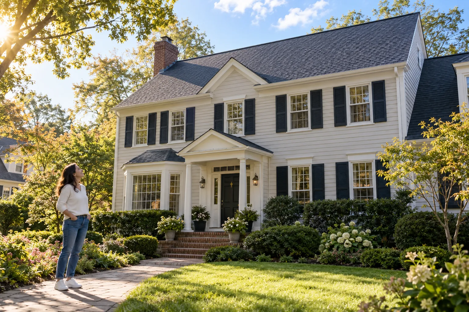 A tidy colonial home near Hampstead with a freshly finished roof under soft morning light